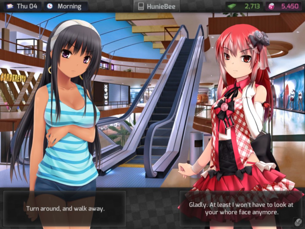 Kyanna and Audrey fight over a bad hair dye job in HuniePop introductions.