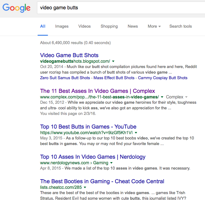 Video Game Butts search