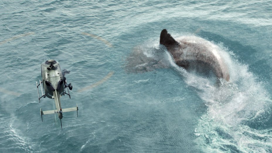 The Meg circles underneath a helicopter.
